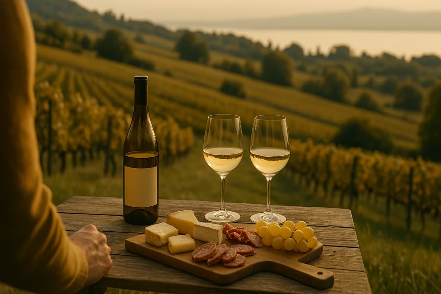 Deux verres de vin blanc et une planche de spécialités sur une table face aux vignes