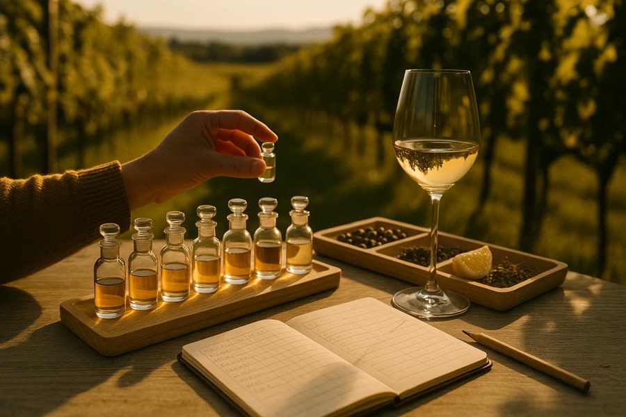 Flacons d’arômes et verre de vin blanc posés près des vignes