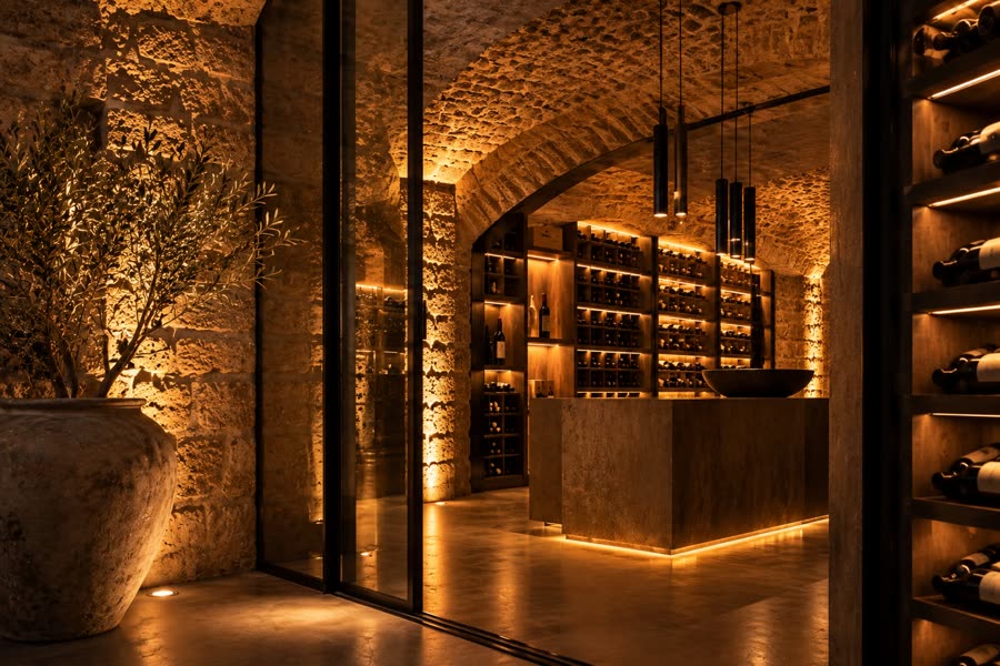 Cave à vin vitrée éclairée dans une galerie en pierre