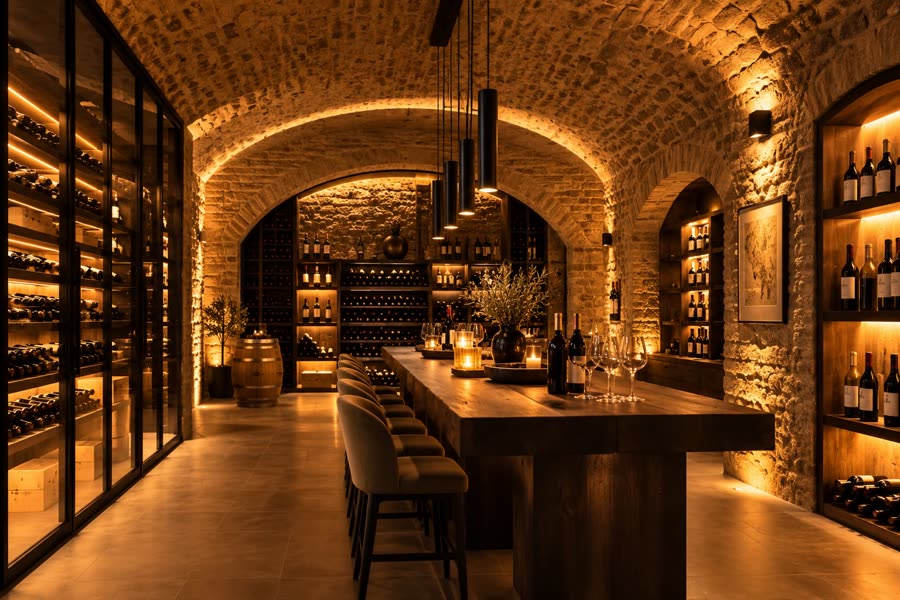 Cave voûtée en pierre avec une longue table de dégustation
