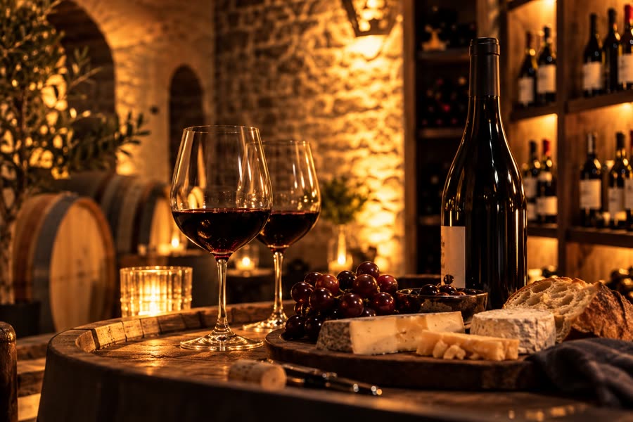 Deux verres de rouge, fromages et raisin sur un tonneau dans la cave